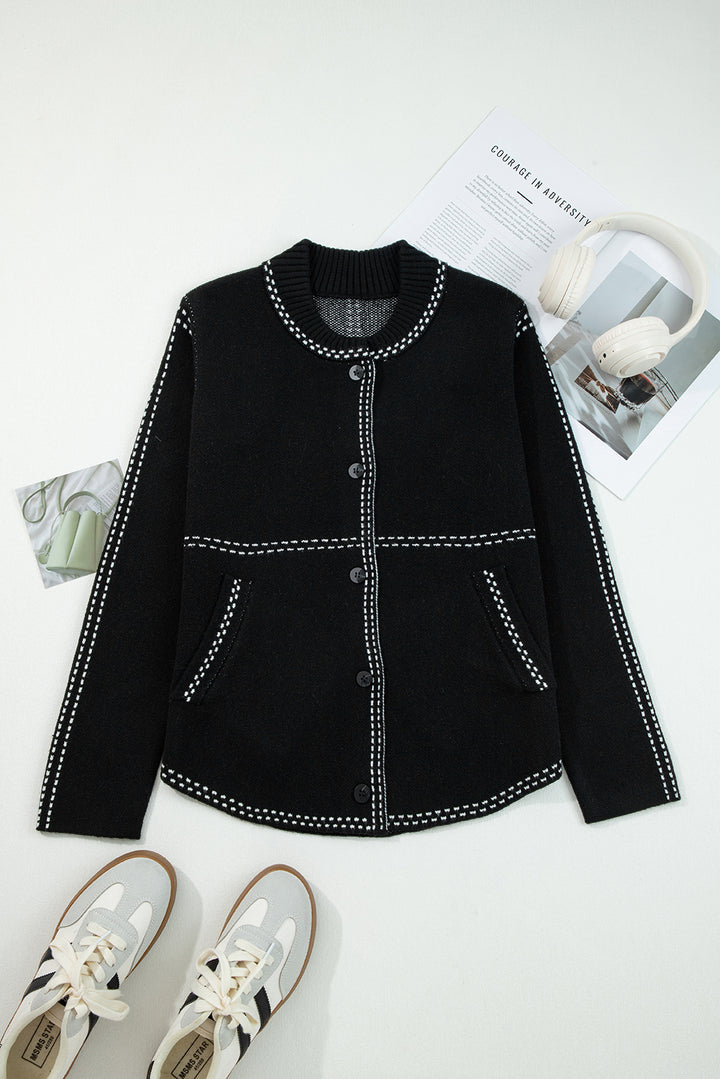 Black Contrast Trim Button up Sweater Cardigan
