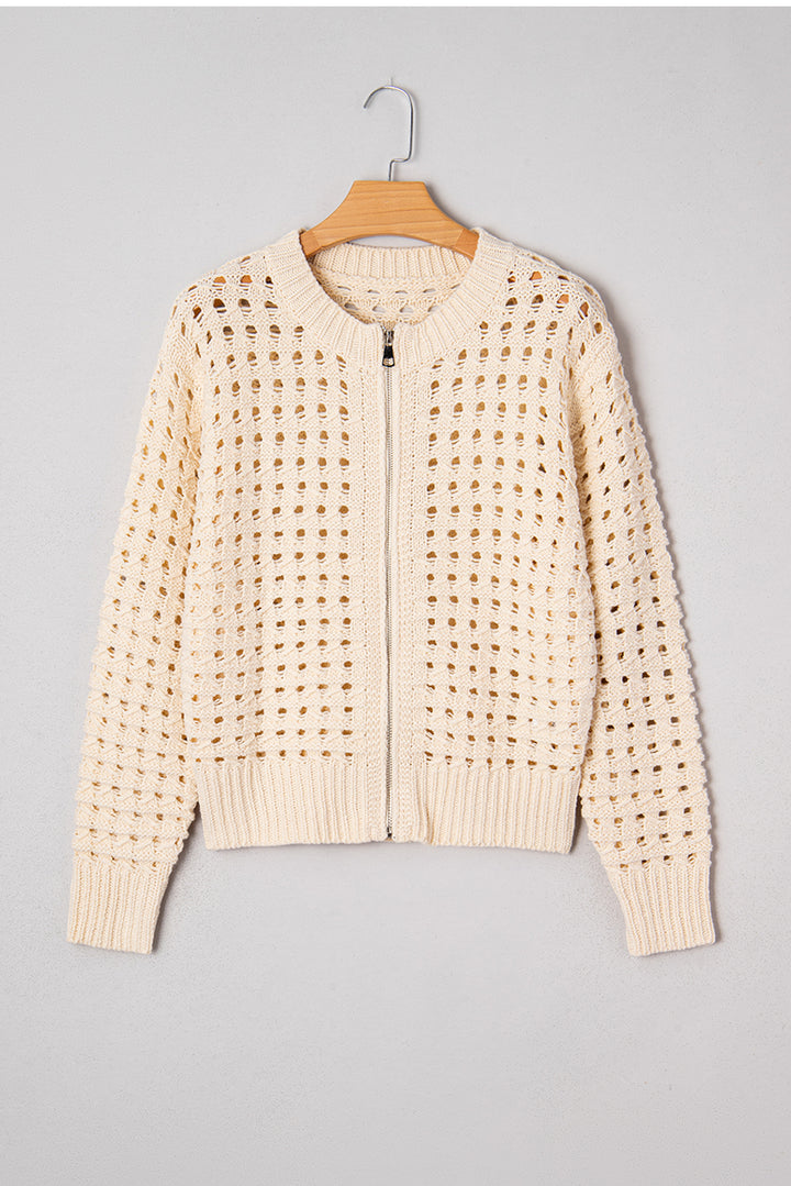 Beige Hollowed Pattern Knit Zip Up Drop Shoulder Sweater Cardigan