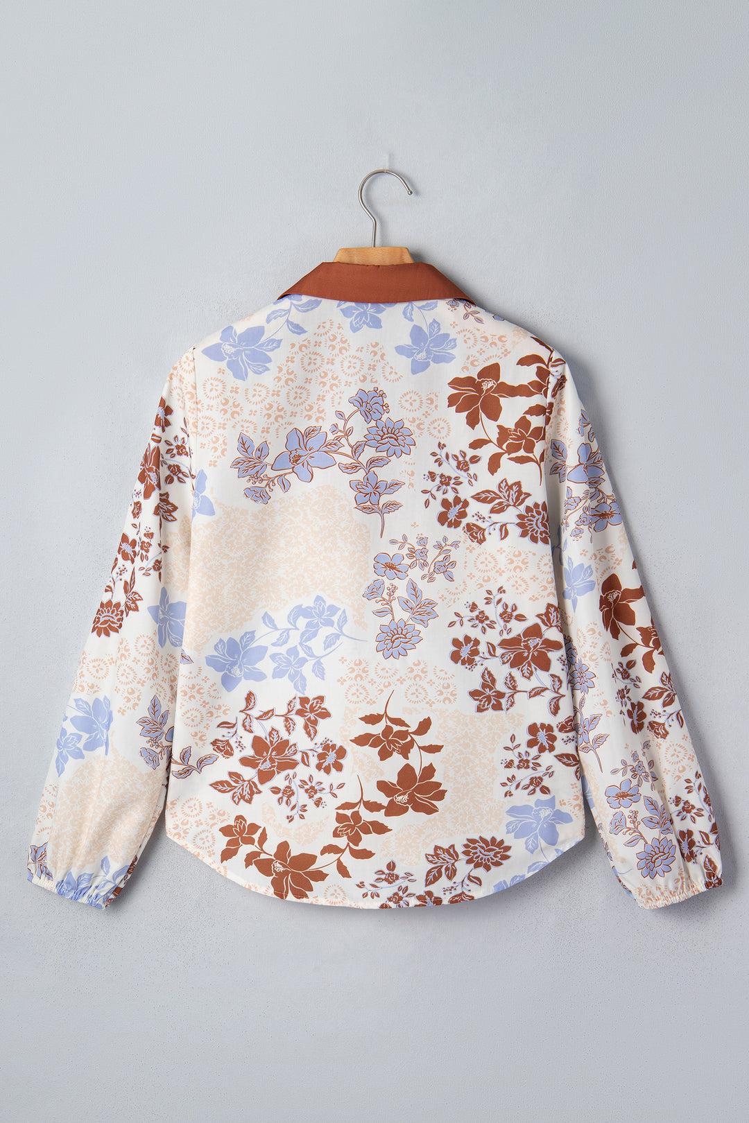 White Floral Print Colorblock V Neck Long Sleeve Blouse