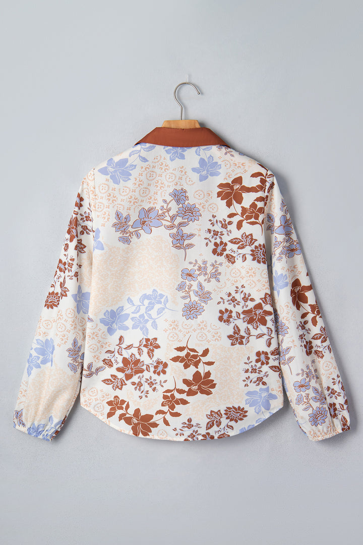 White Floral Print Colorblock V Neck Long Sleeve Blouse