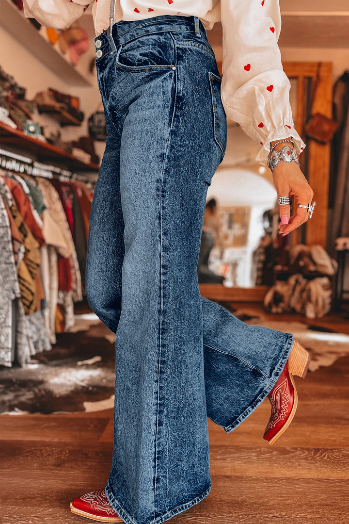 Sail Blue Acid Wash Pocket Detail Flare Jeans