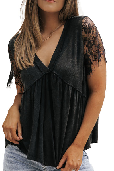 Black Eyelash Lace Sleeve V Neck Ruffle Babydoll Top