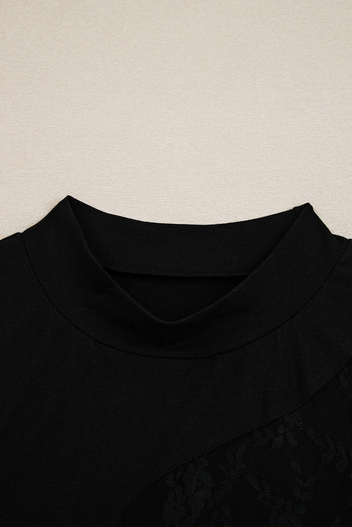 Black Plus Size Lace Patchwork Asymmetric Cutout Sheer Long Sleeve Top