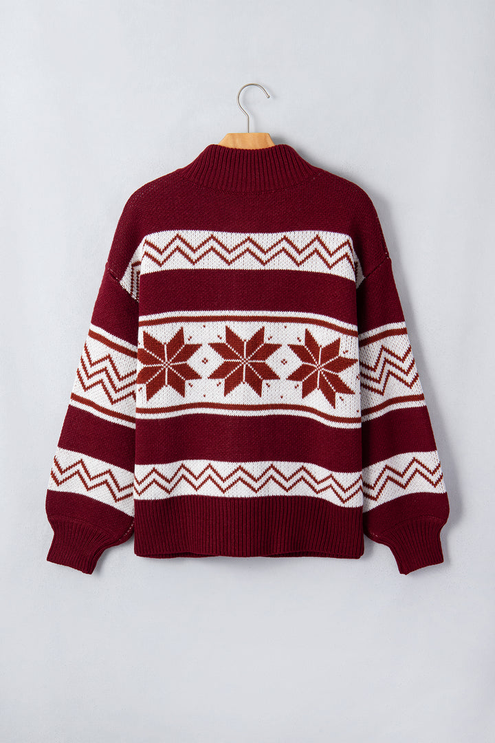 Red Geometric Pattern Zip-Up Knit Long Sleeve Regular Fit Cardigan