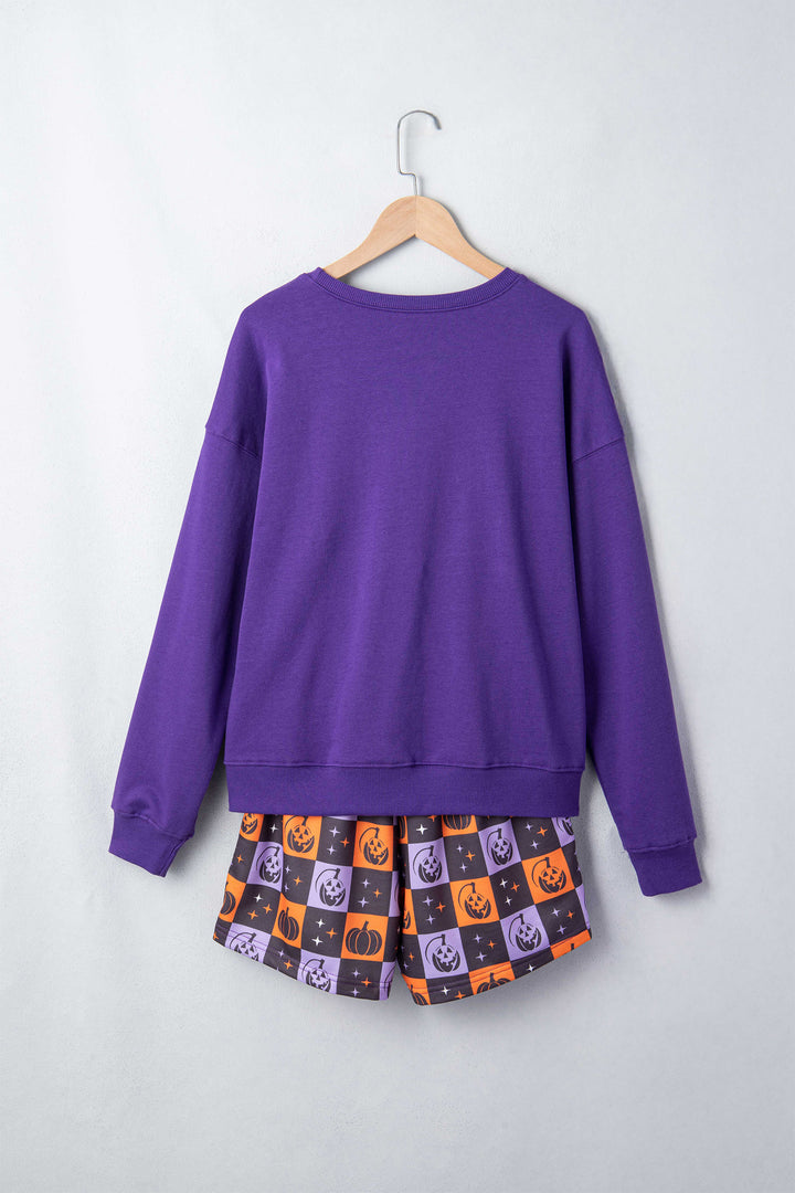 Orange Witch Letter Print Long Sleeve Top Checkered Elastic Waist Shorts Set