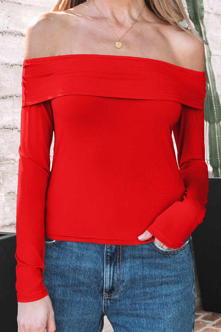 Fiery Red Foldover Off Shoulder Long Sleeve Slim Top