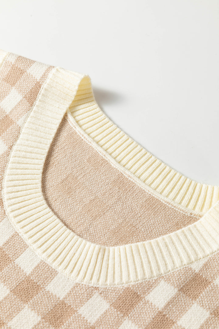 Khaki Gingham Plaid Knit Detachable Shawl Wrap Sweater Tank Top