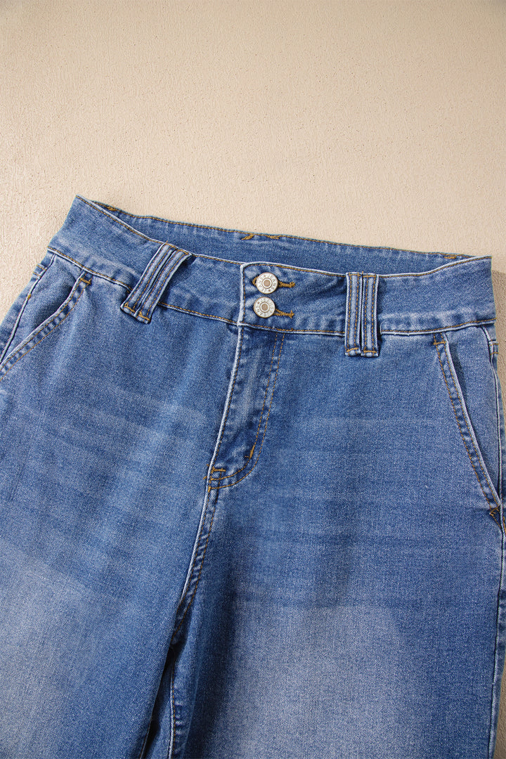 Sky Blue Double Button Zip Fly Straight Leg Jeans