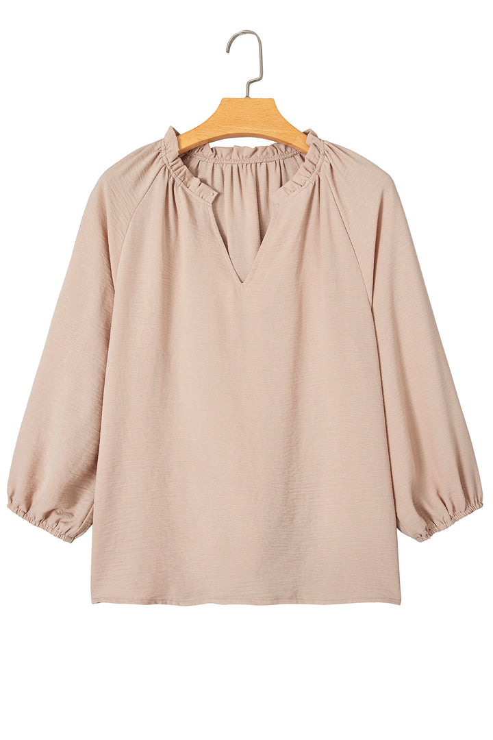 Parchment V Neck Gathered Cuff Three Quarter Sleeve Blouse