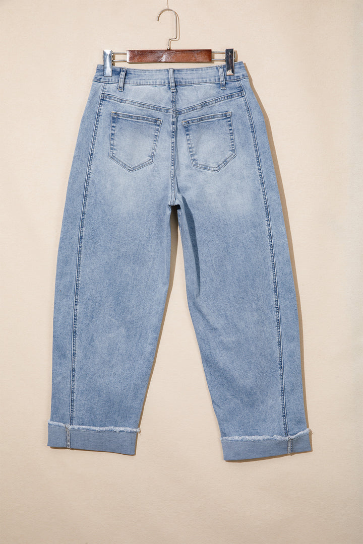 Sail Blue Raw Hem Turnup Loose Ankle-length Jeans