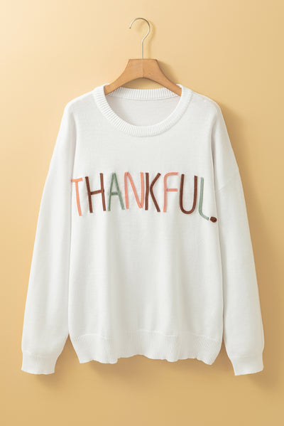 White Plus Size Thankful Ivory Embroidered Sweater