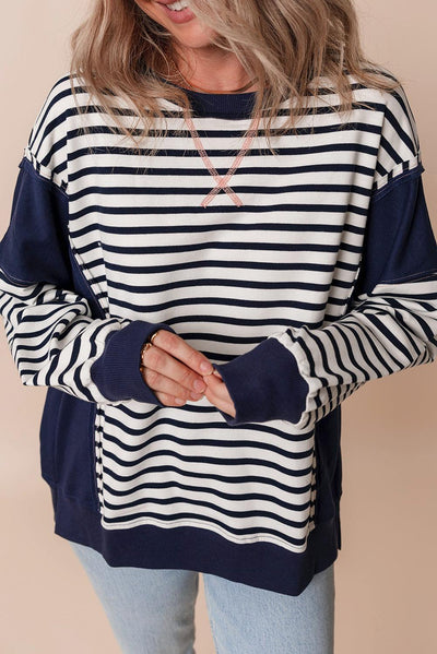 White Stripe Color Block Exposed Seam Loose Fit Sweatshirt