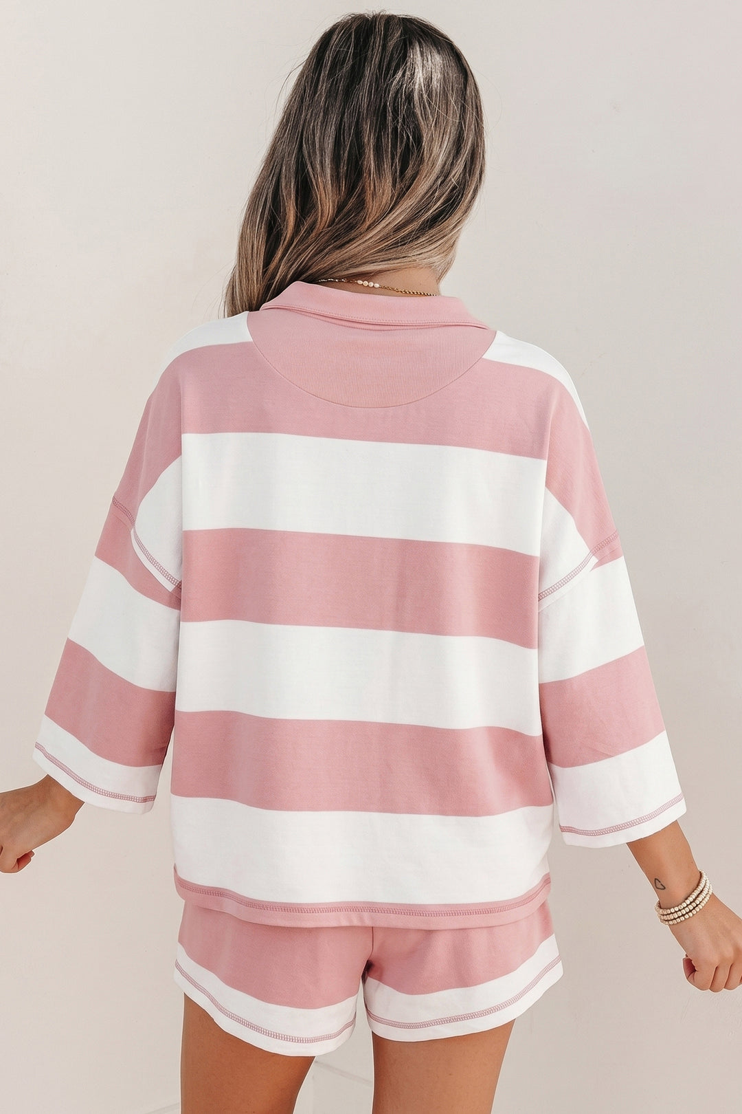 Pink Stripe Half Zip Bracelet Sleeve Top Casual Short Set