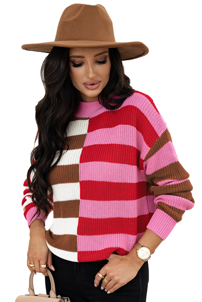 Pink Stripe Color Block High Neck Drop Shoulder Loose Sweater