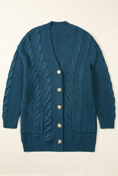 Peacock Blue Cable Knit Button Front Pocketed Baggy Cardigan