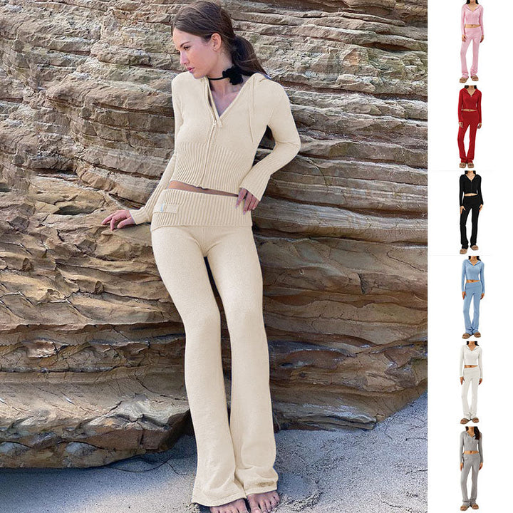 Women’s Knitted Hooded Two-Piece Set – Cardigan &amp; High-Waisted Pants Suit