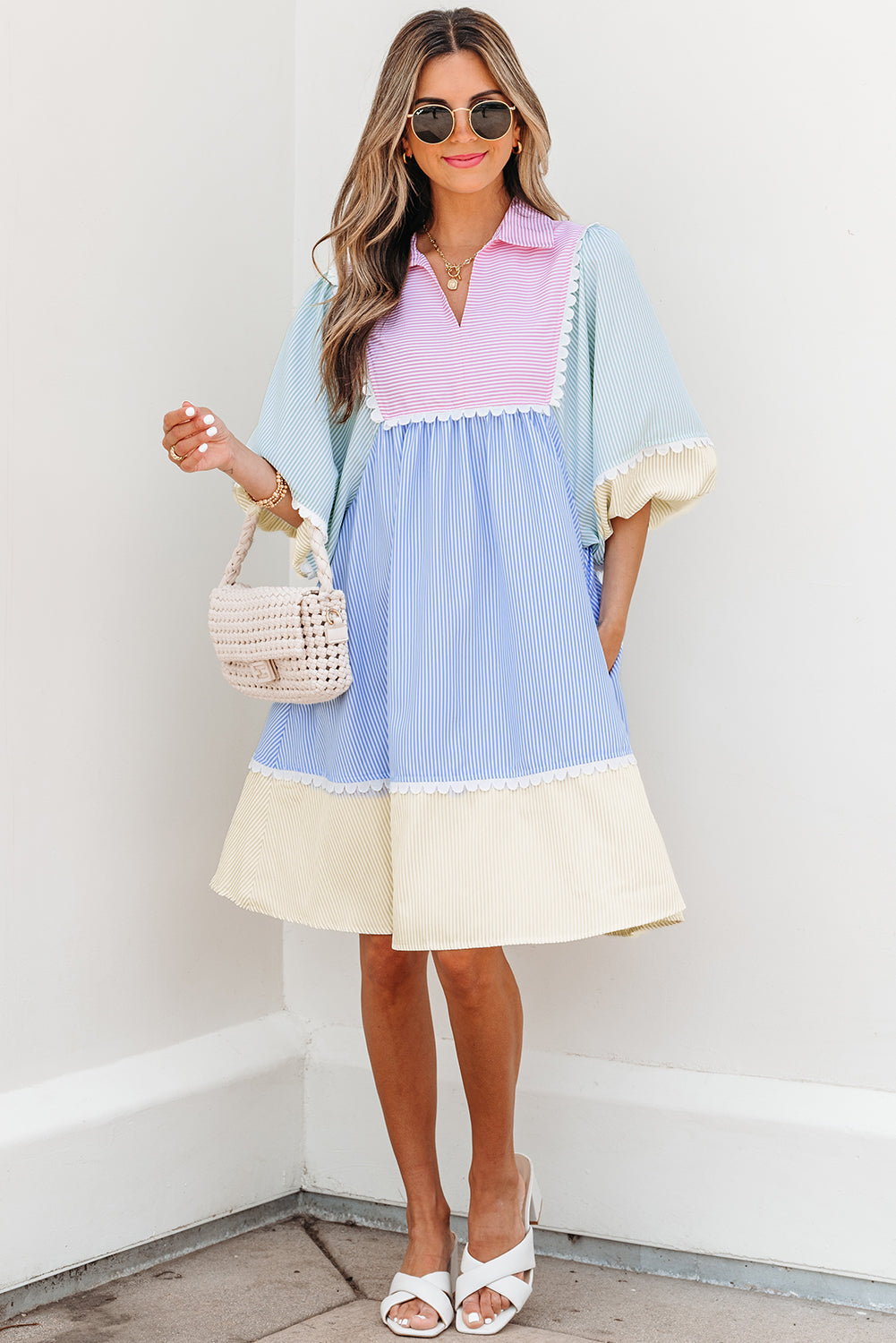Joelle Striped Ric Rac Puff Sleeve Collared Mini Dress