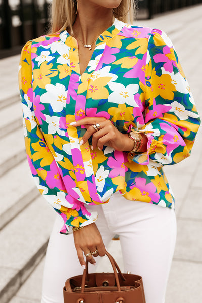 Multicolor Magenta Gold Floral V Neck Lantern Sleeve Blouse