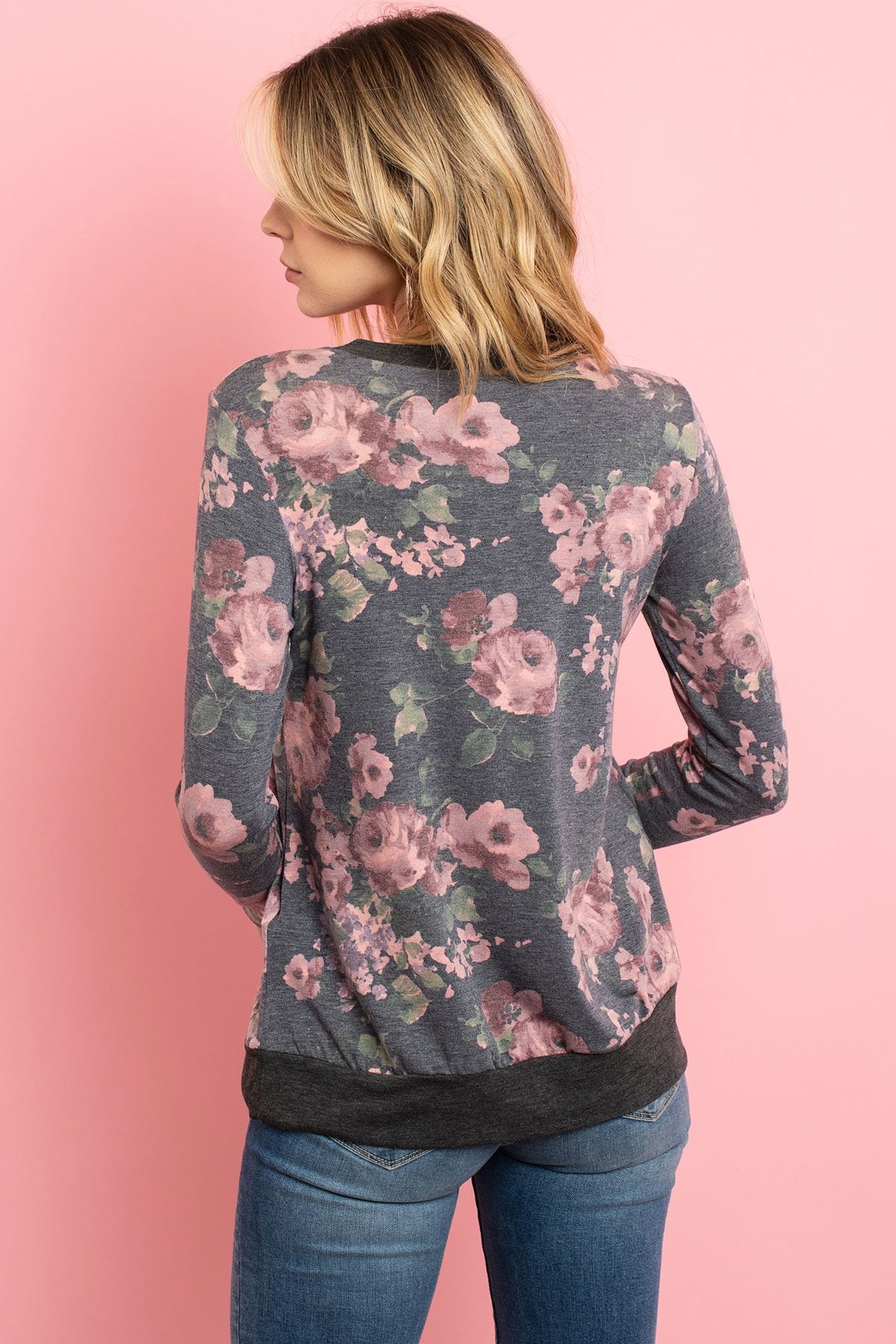 Button Detail Long Sleeved Floral Print Top