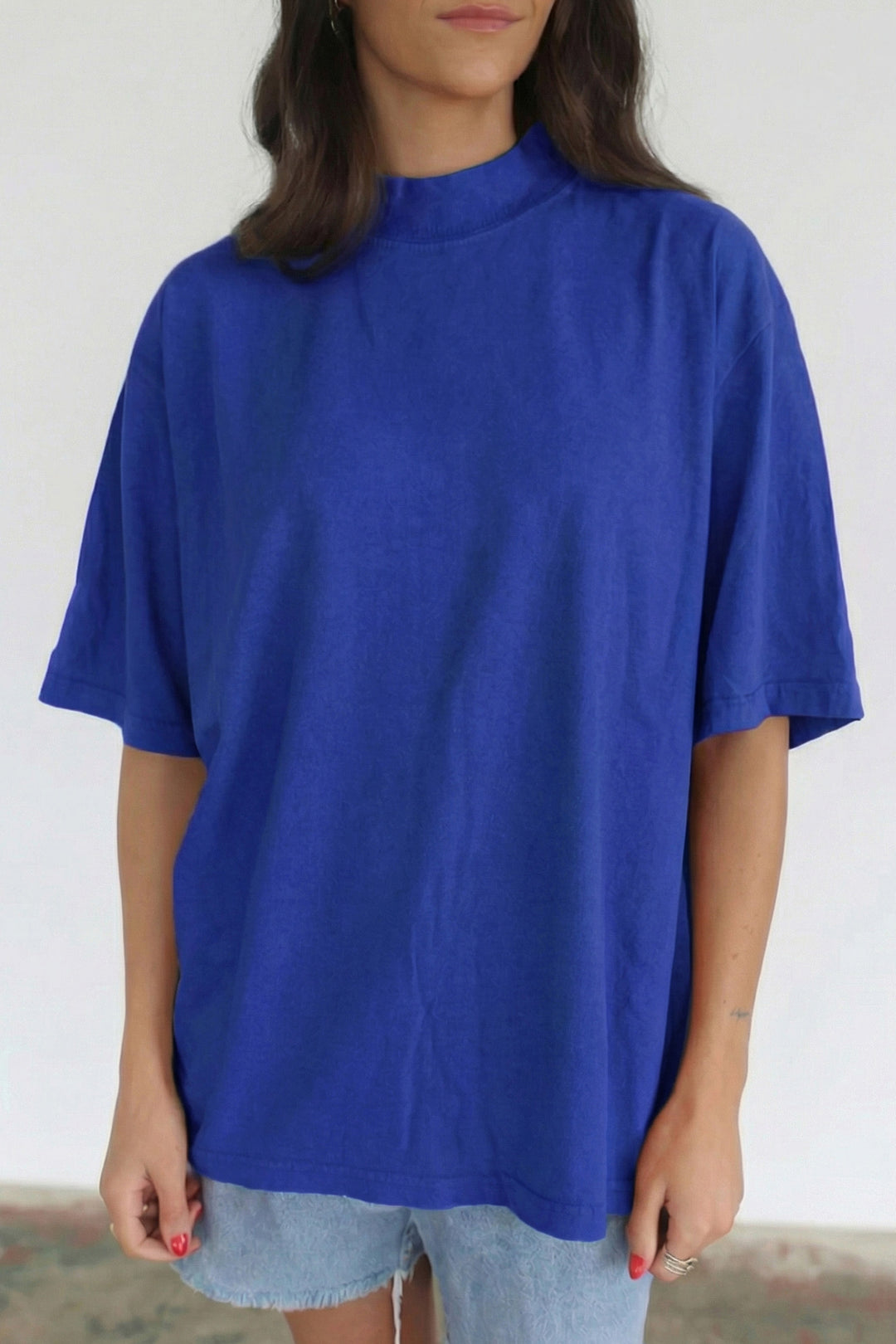 Black Solid Color High Neck Oversize Tee