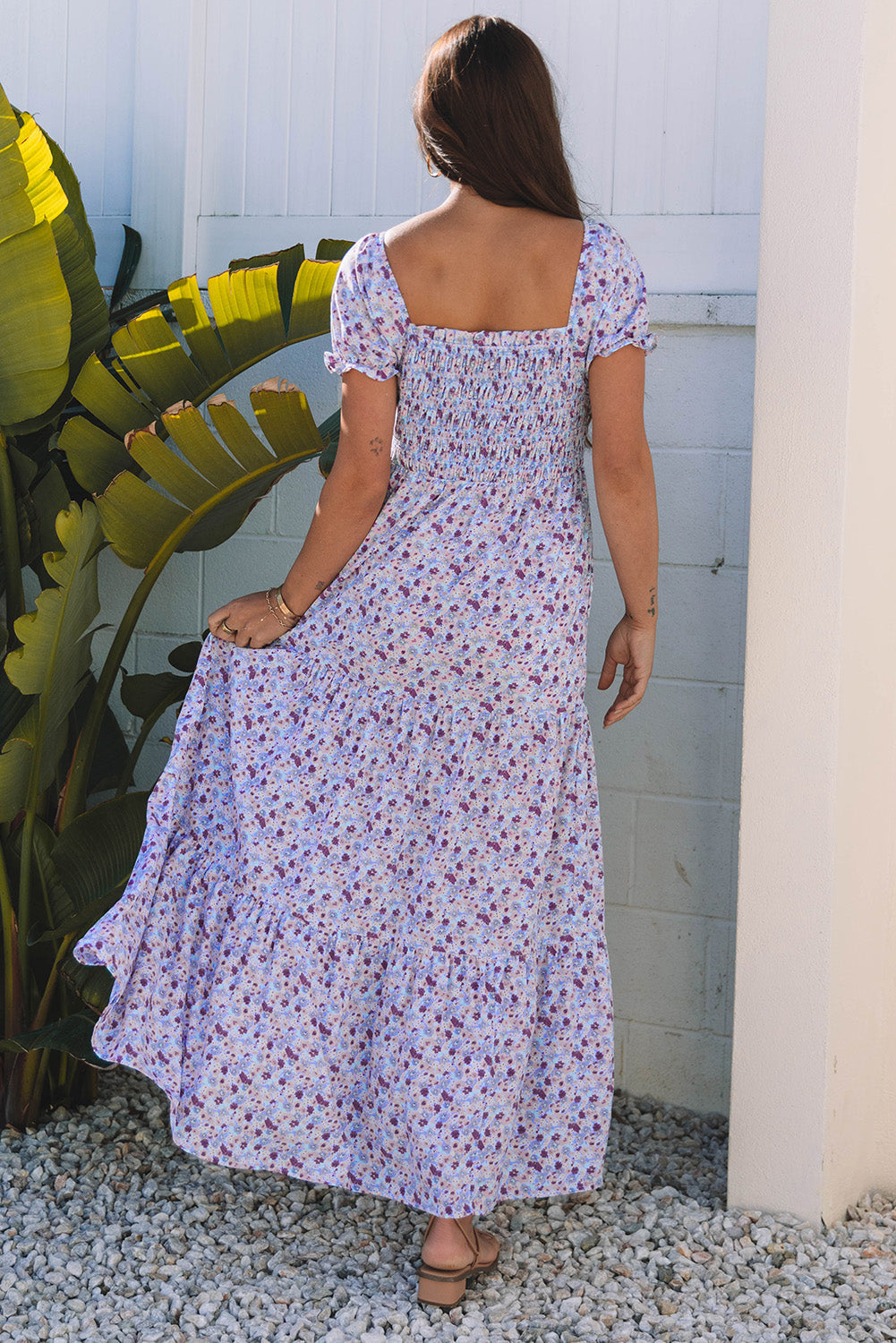 Lacey Floral Short Bubble Sleeve Maxi Dress