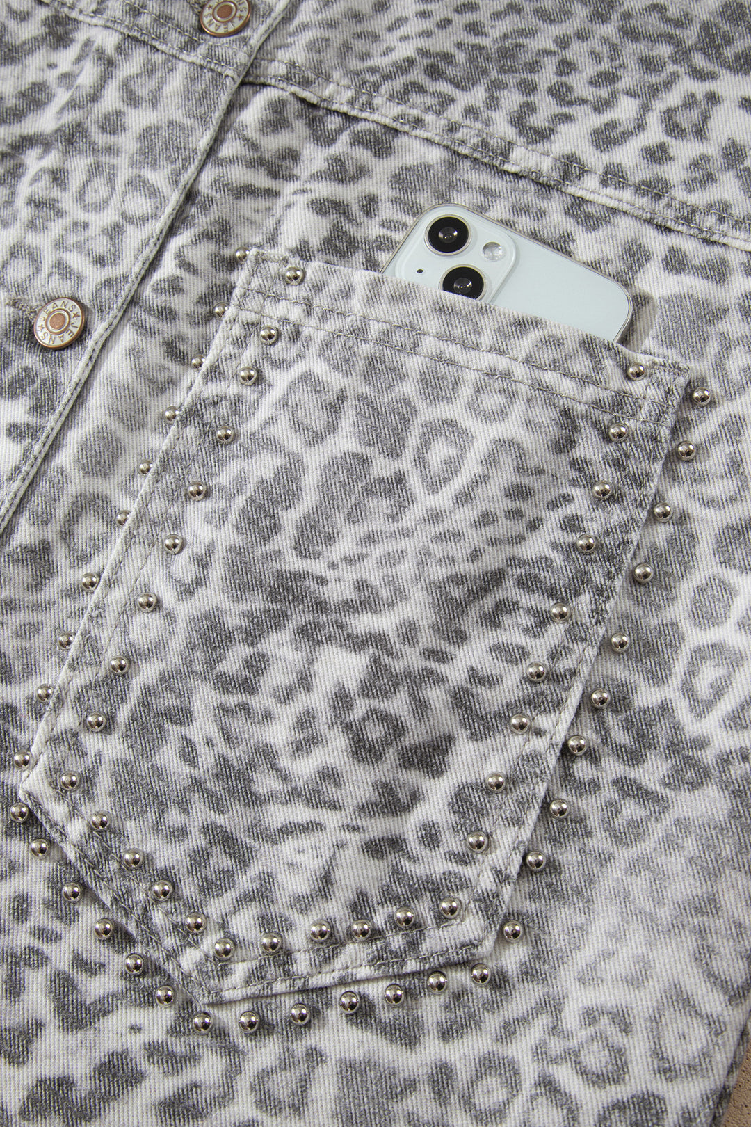 Khaki Leopard Print Studded Collar Studded Patch Pocket Denim Jacket