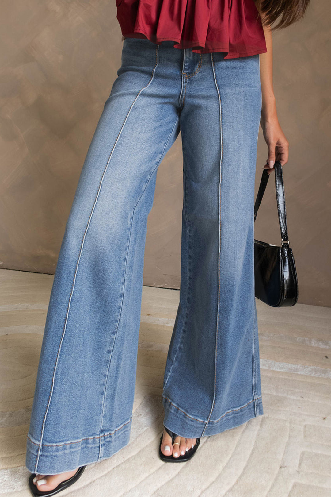 Dusk Blue Piping Seam Detail Flare Leg Pocket Jeans
