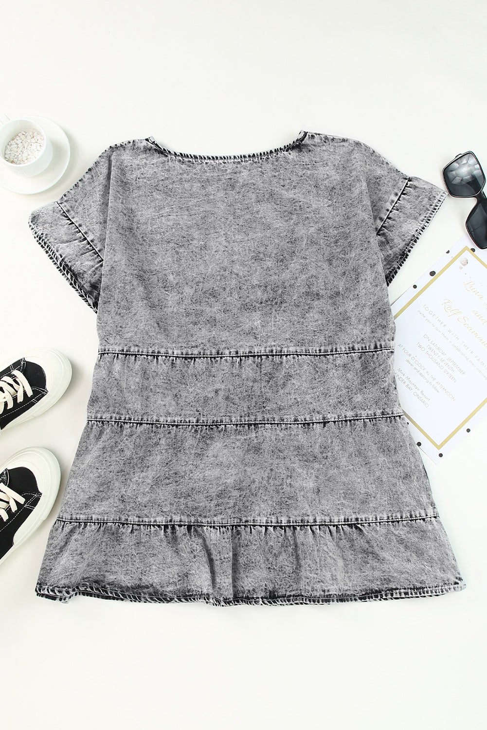 Gray Flutter Sleeves Tiered Denim Top