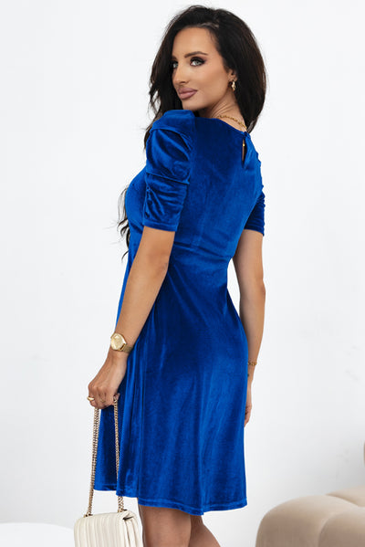 Sail Blue Velvet Ruched Short Sleeve Pocketed Elegant Dress