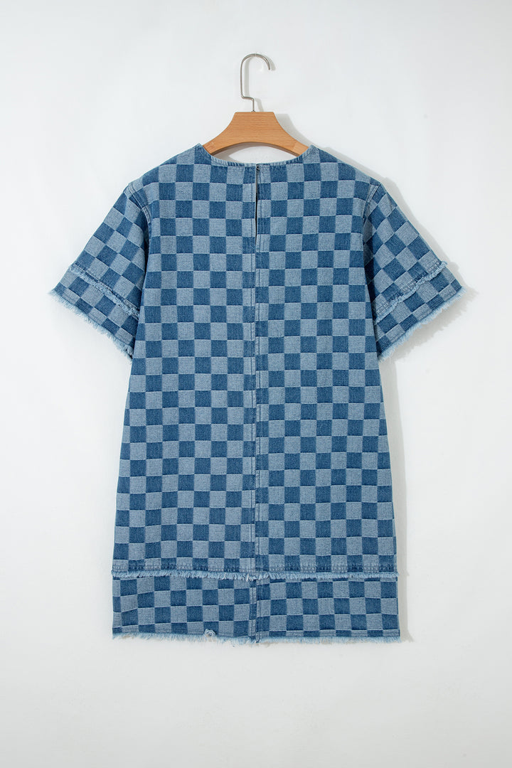 Sky Blue Frayed Hem Checkered Denim Mini Dress