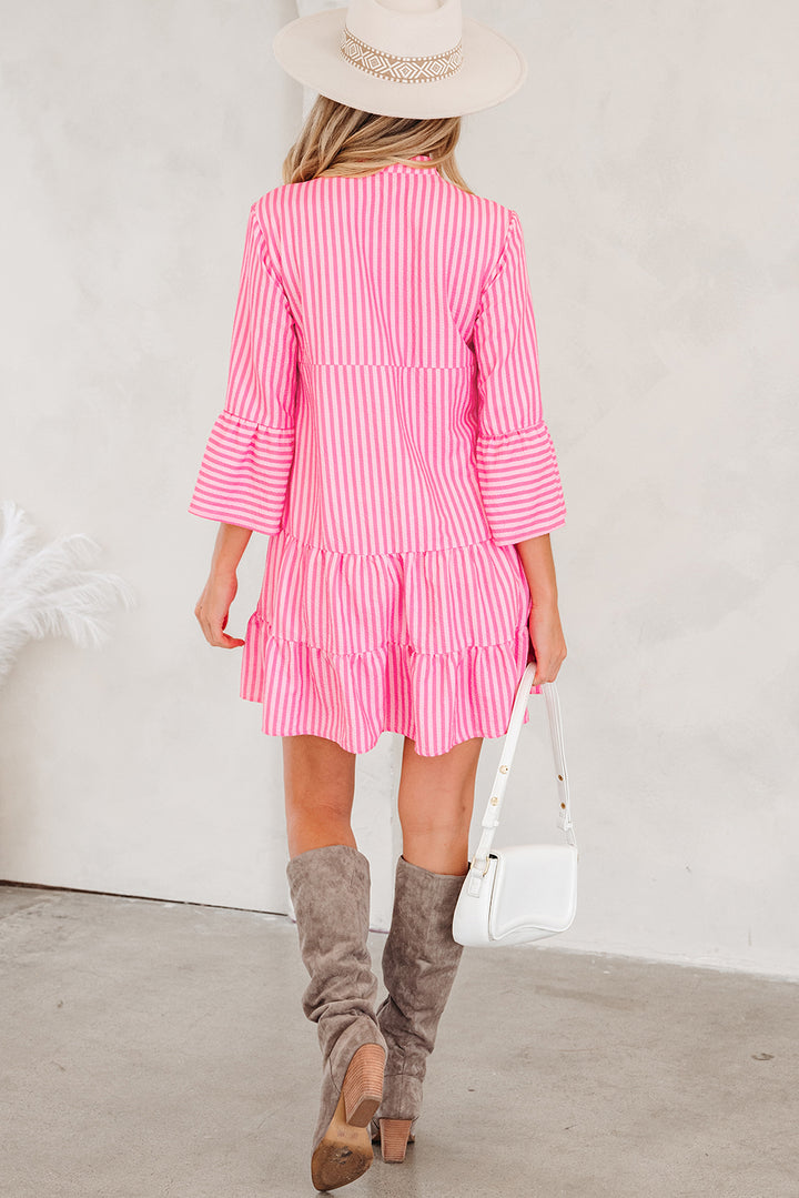 Pink Stripe Flare Sleeve Half Placket Tiered Flowy Mini Dress