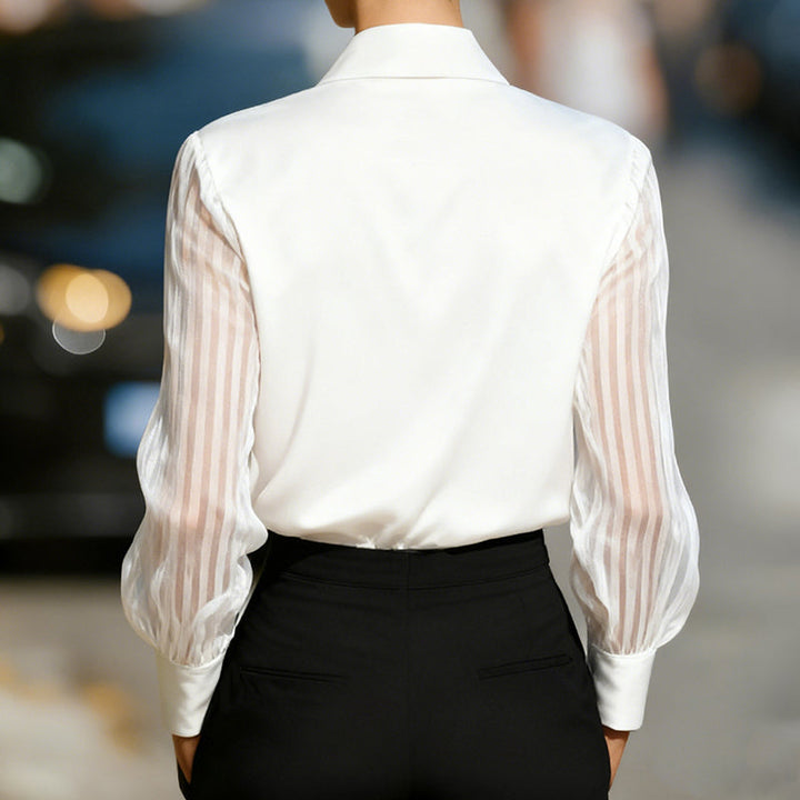 Women’s Satin Lapel Collar Blouse – Sheer Long Sleeve Button-Down Shirt for Office &amp; Spring/Autumn Wear