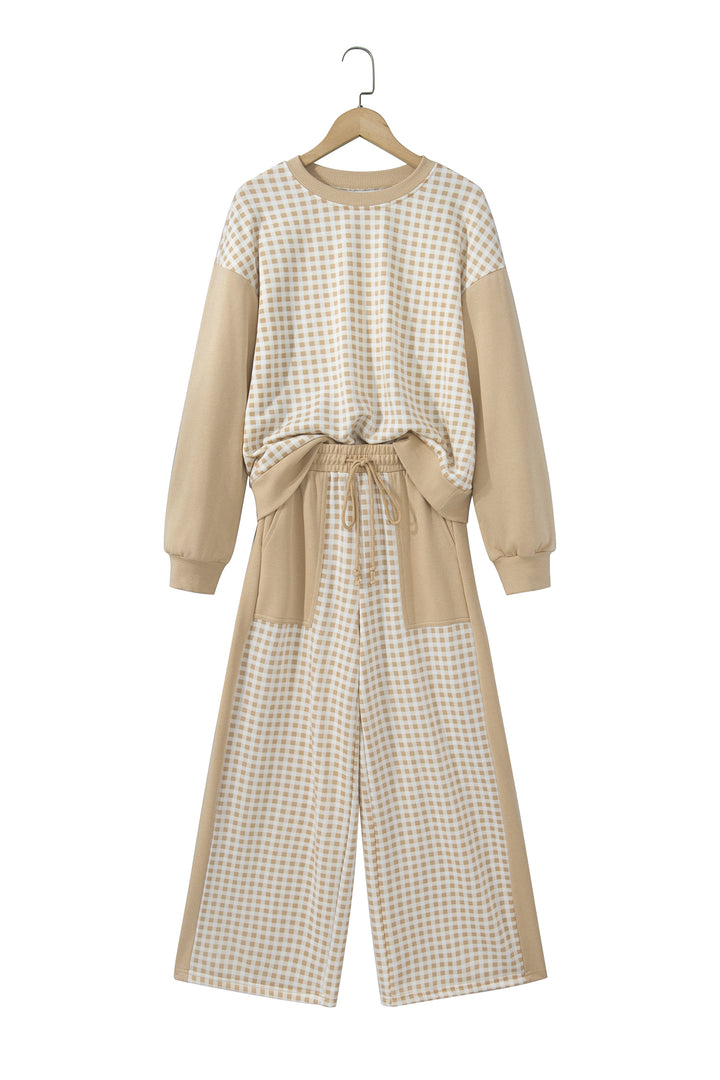 Red Color Block Plaid Patchwork Long Sleeve Pullover Wide Leg Pant Set