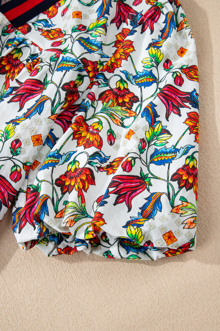 Multicolour Contrasted V Neckline Floral Puff Short Sleeve Blouse