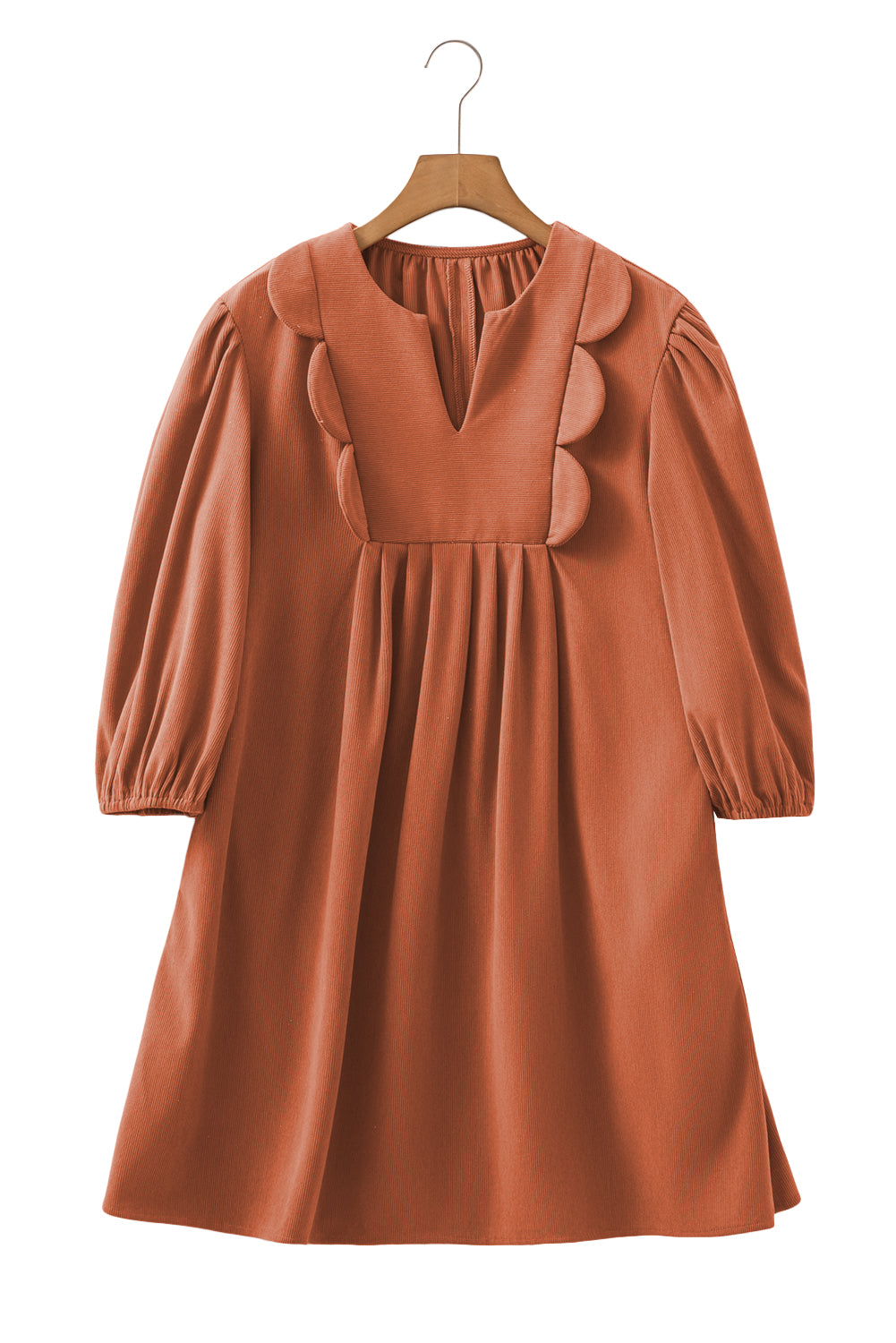 Cinnamon Bracelet Sleeve Split Neck Scallop Detail Pleated Corduroy Mini Dress