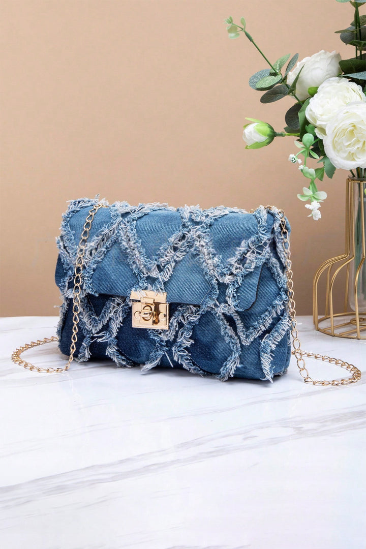 Blue Distressed Lattice Denim Chain Strap Shoulder Bag