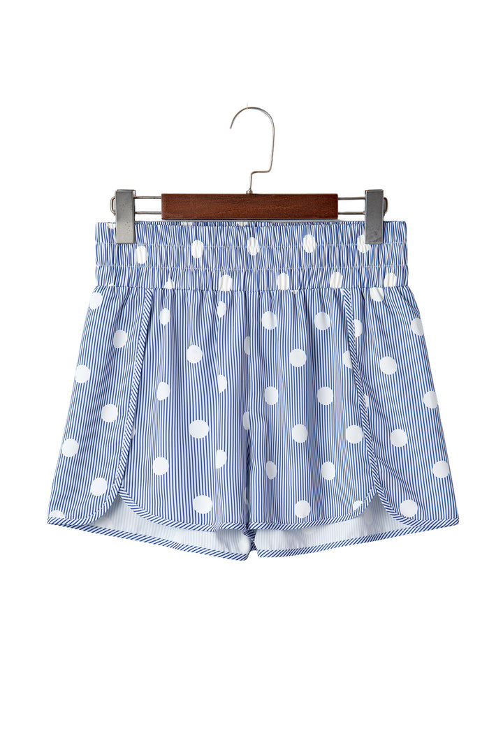 Sky Blue Polka Dot Print Shirred High Waist Casual Shorts
