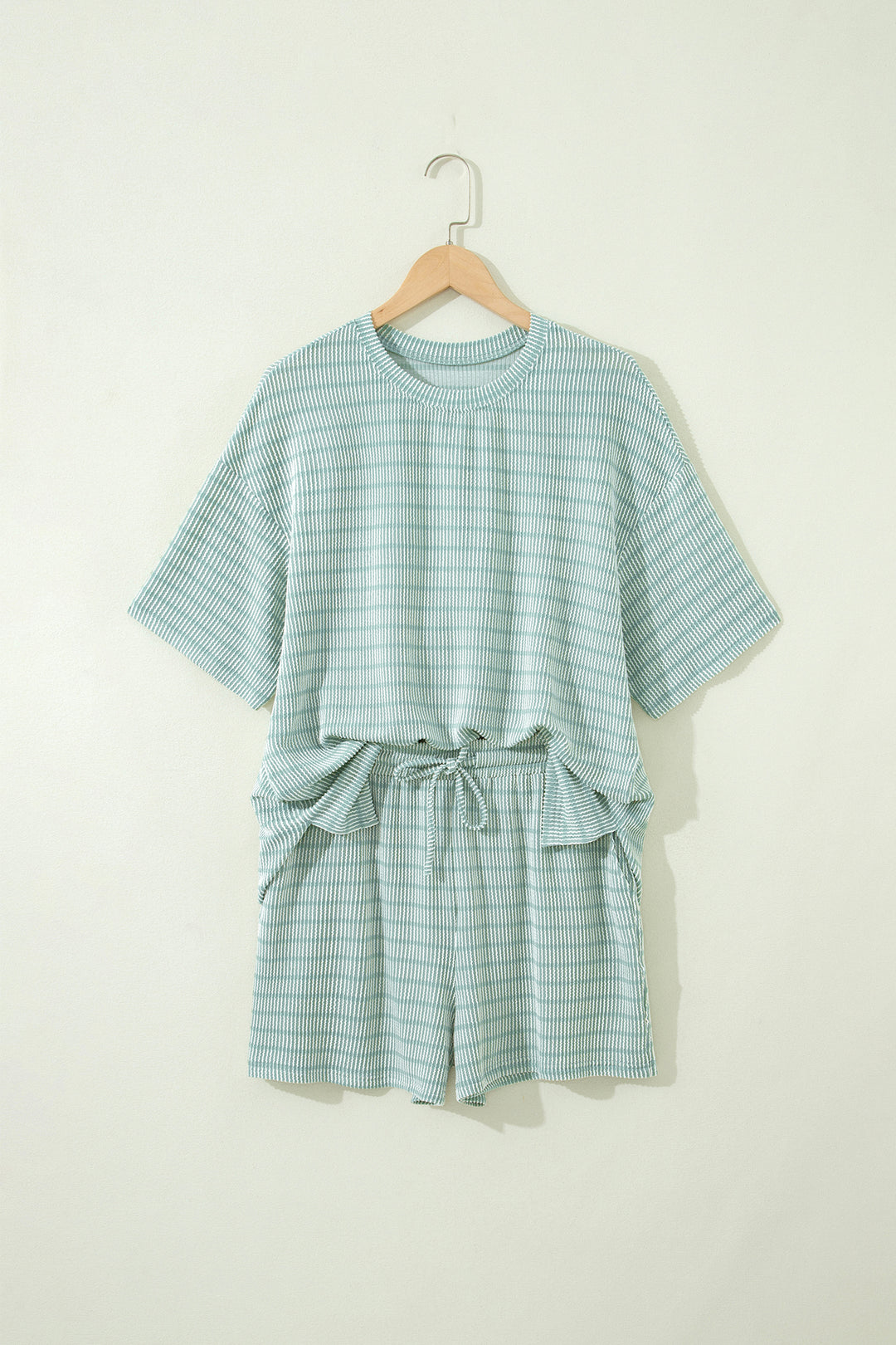 Rose Stripe Raised Rib Loose Tee Drawstring Elastic Waist 2pcs Short Set