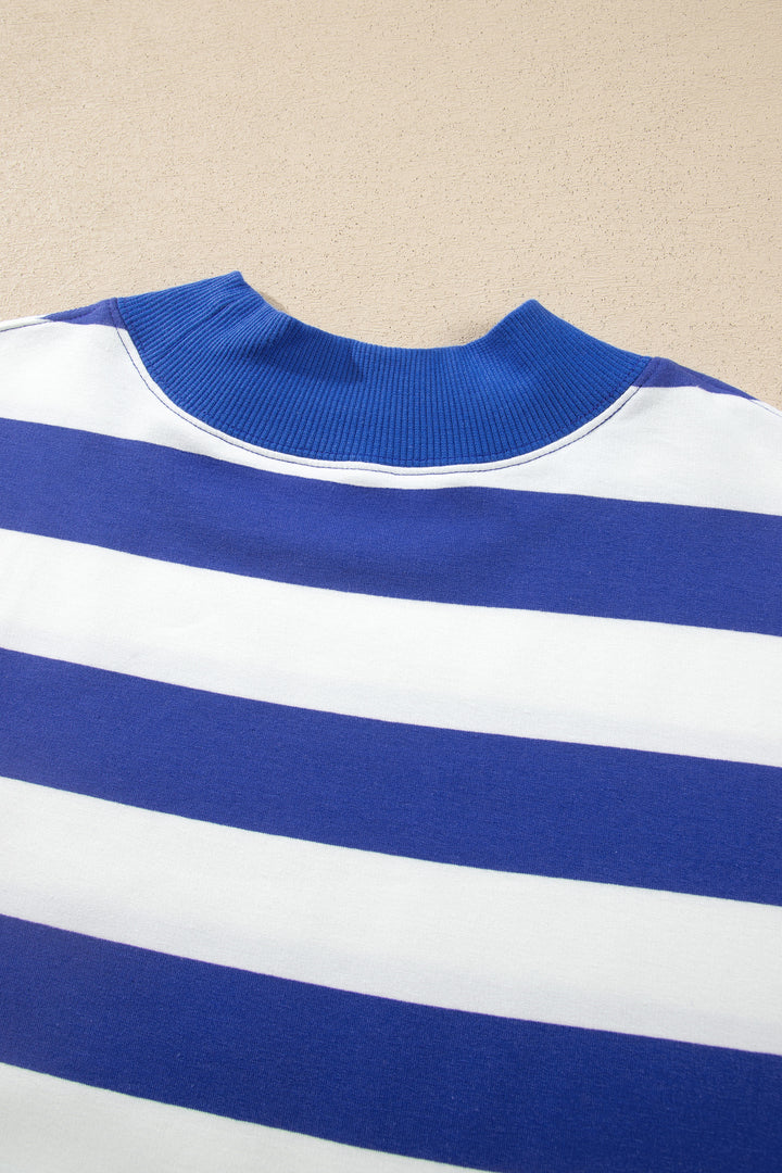 Blue Stripe Colorblock Mock Neck Relaxed Sweatshirt