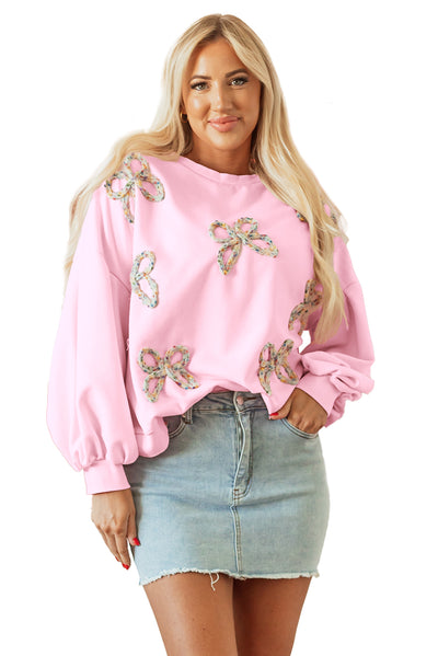 Parchment Embroidered Bow Lantern Sleeve Oversized Pullover Sweatshirt