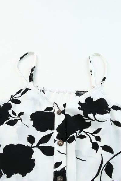 White Floral Shading Print Button Tie Front Tank Top