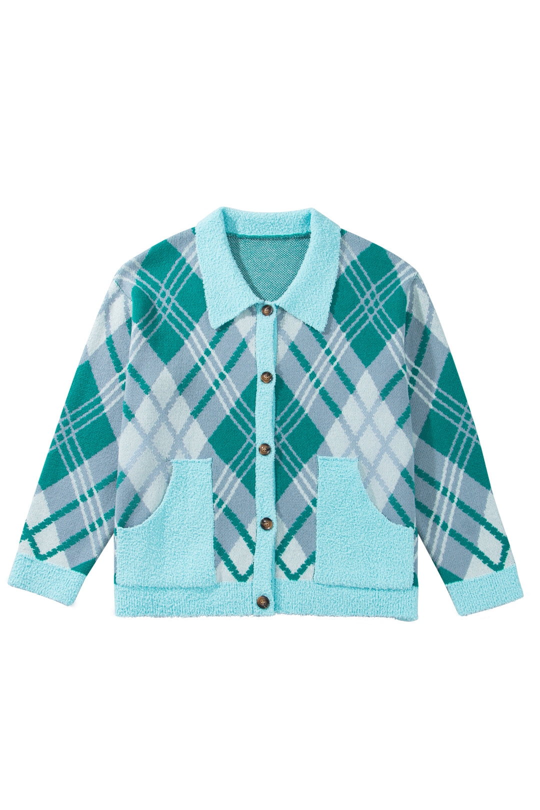 Green Plaid V Neck Long Sleeve Shift Cardigan Sweater