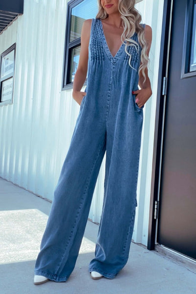 V-Neck Wide Leg Denim Jumpsuit