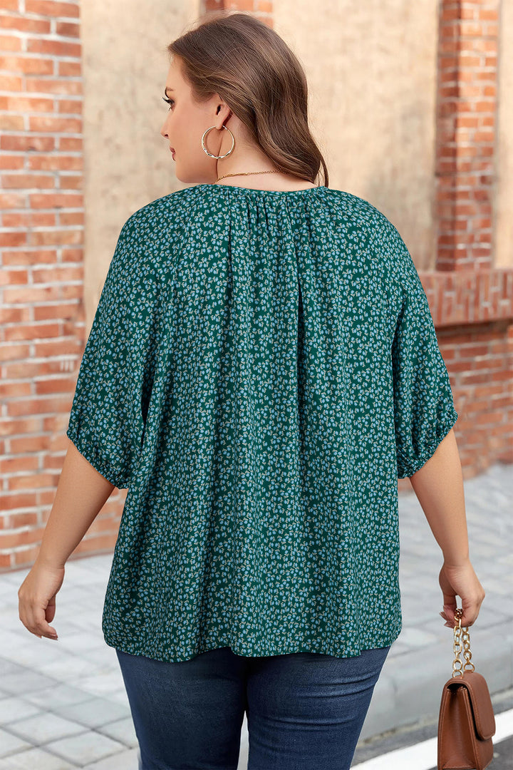 Green Boho Chic Notched V Neck Plus Floral Short Sleeve Top