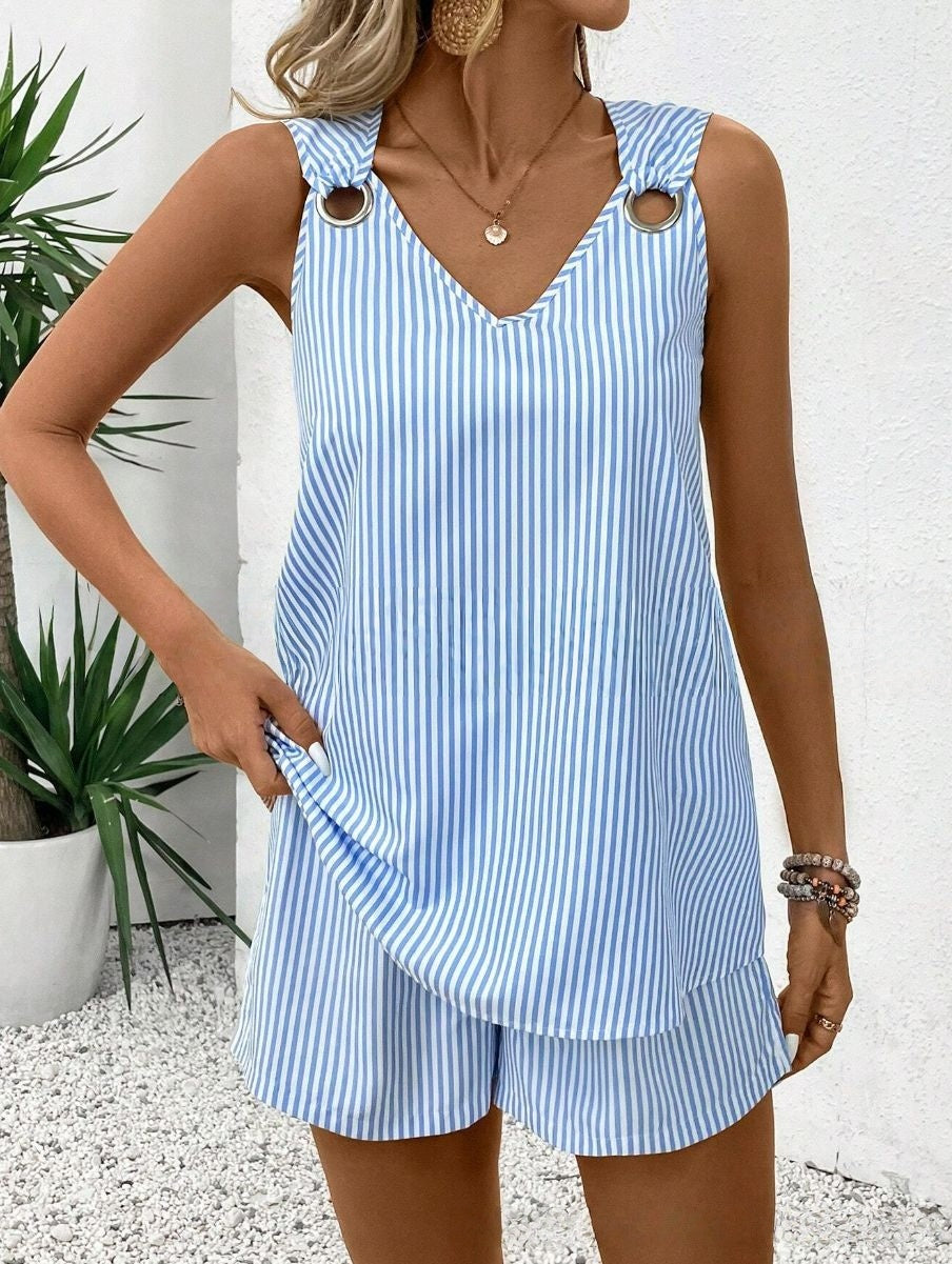 Striped Stand Collar Sleeveless Top &amp; Shorts Set – Women&
