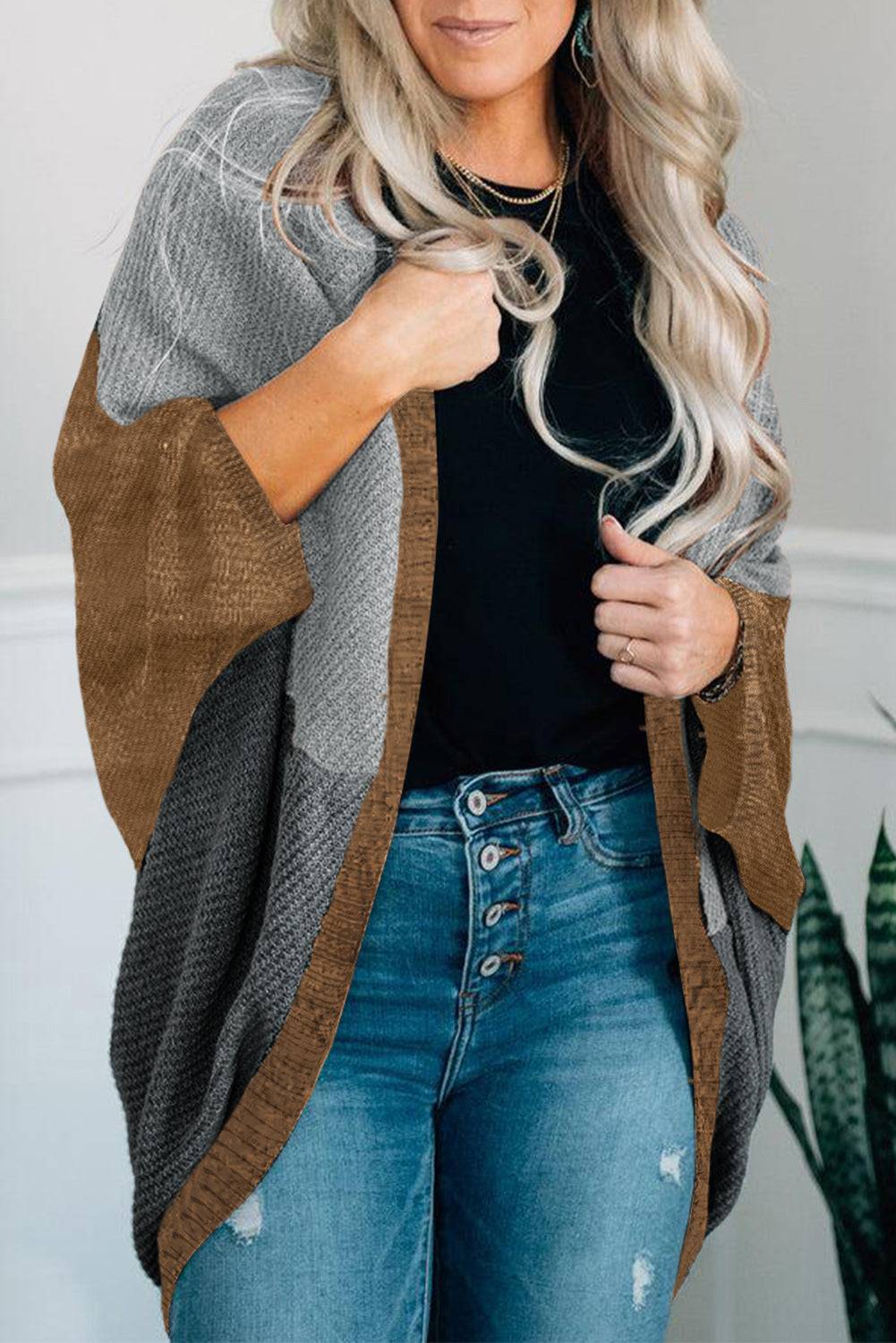 Gray Neutral Colorblock Drapey Cardigan