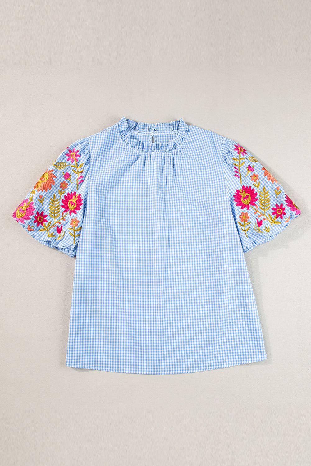 Light Blue Gingham Floral Embroidered Puff Sleeve Blouse