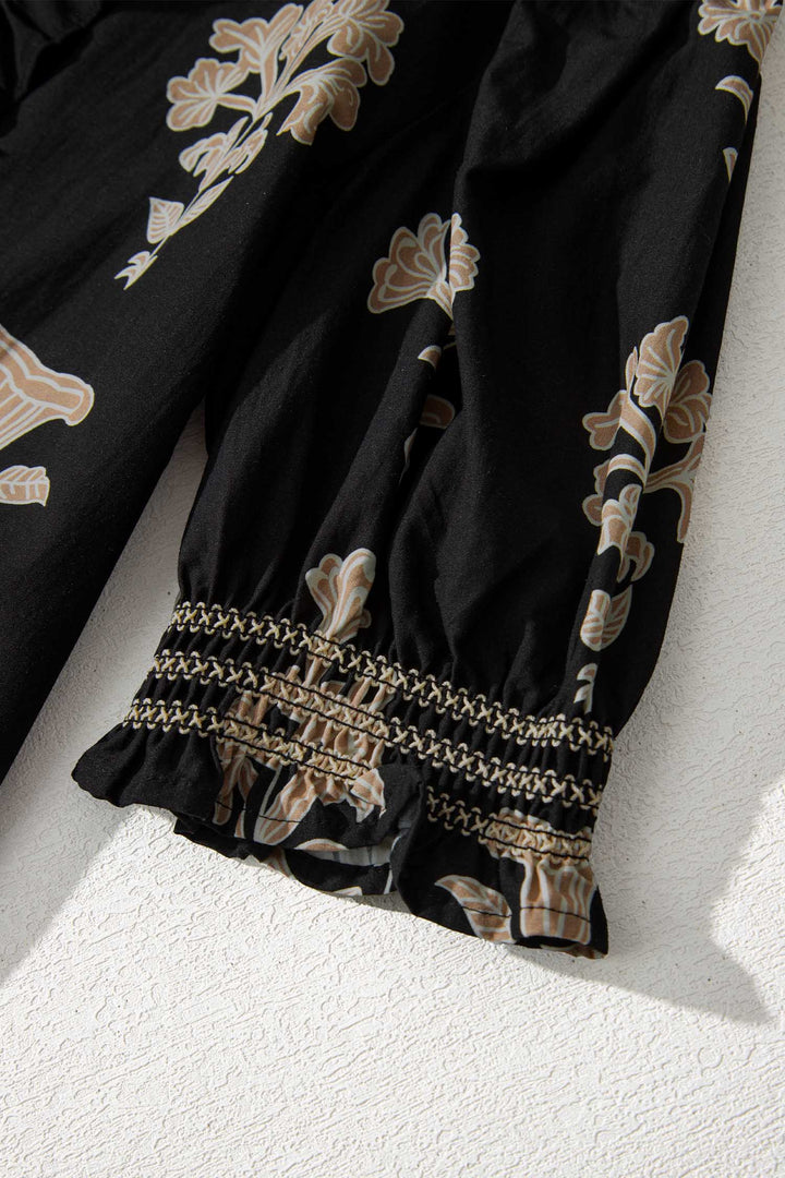 Black Floral Print Frilled Collar Short Puff Sleeve Plus Size Maxi Dress