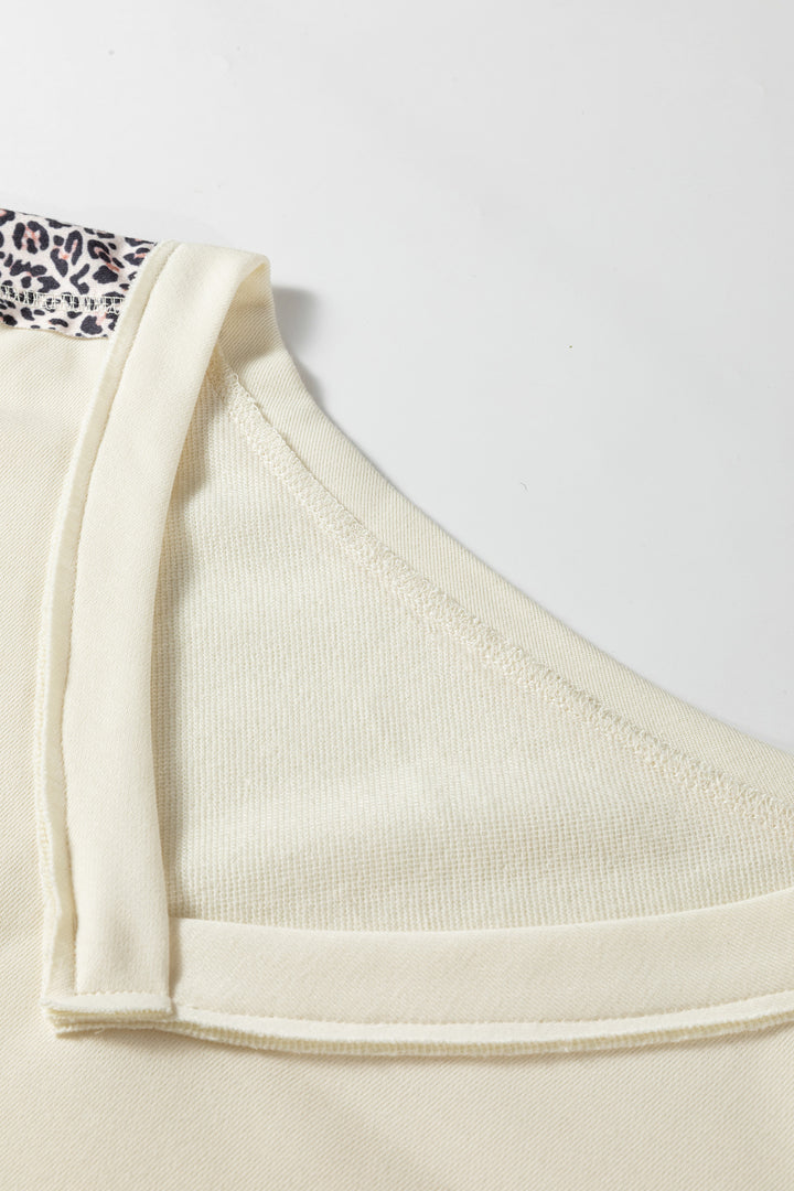 Apricot V Neck Exposed Seam Leopard Color Block Patchwork Half Sleeve Top