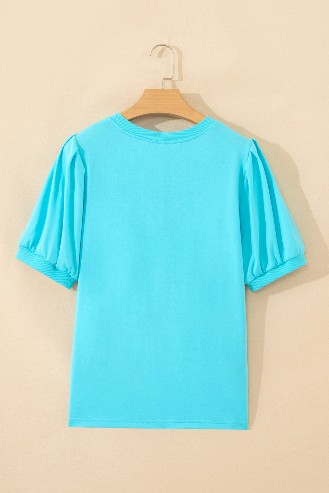 Mint Green Solid Color V Neck Short Puff Sleeve Blouse